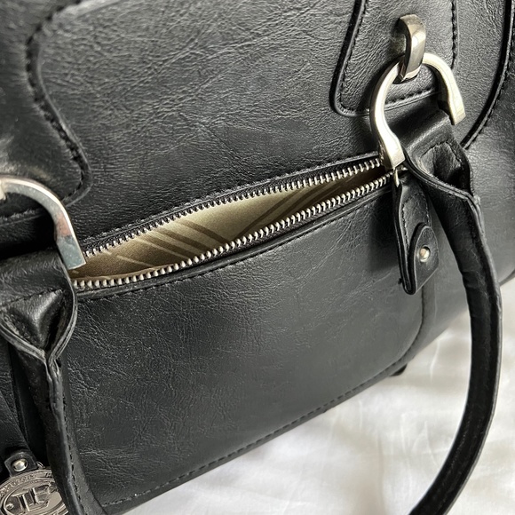 London Fog Black Faux Leather Satchel Handbag with Silver Hardware - Picture 14 of 15